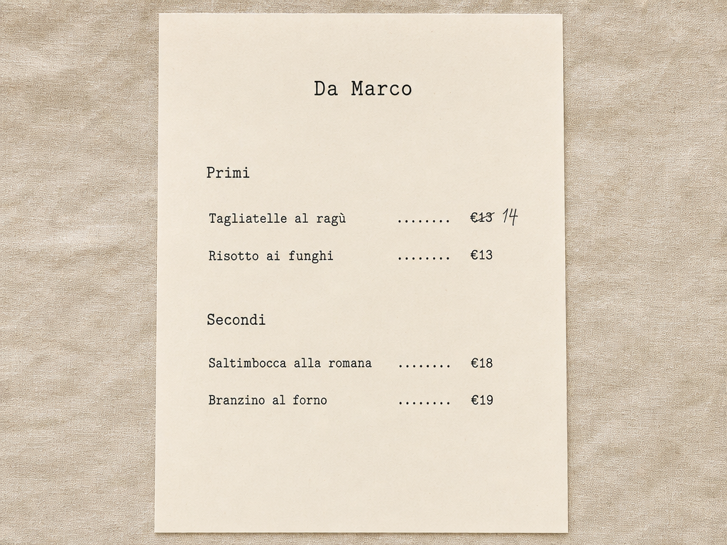 A restaurant's printed paper menu before scanning